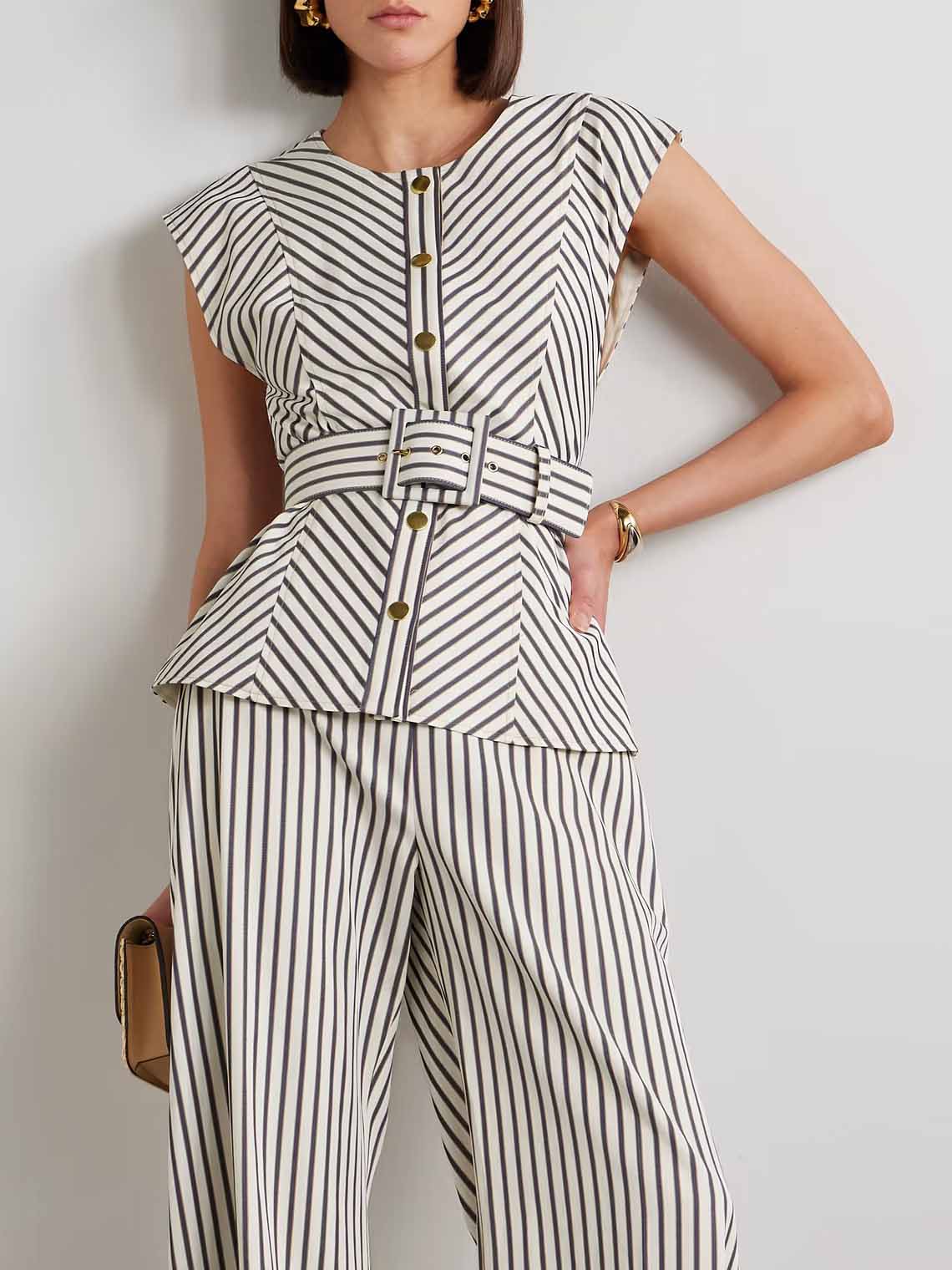Elegant Striped Print Belted Top Black