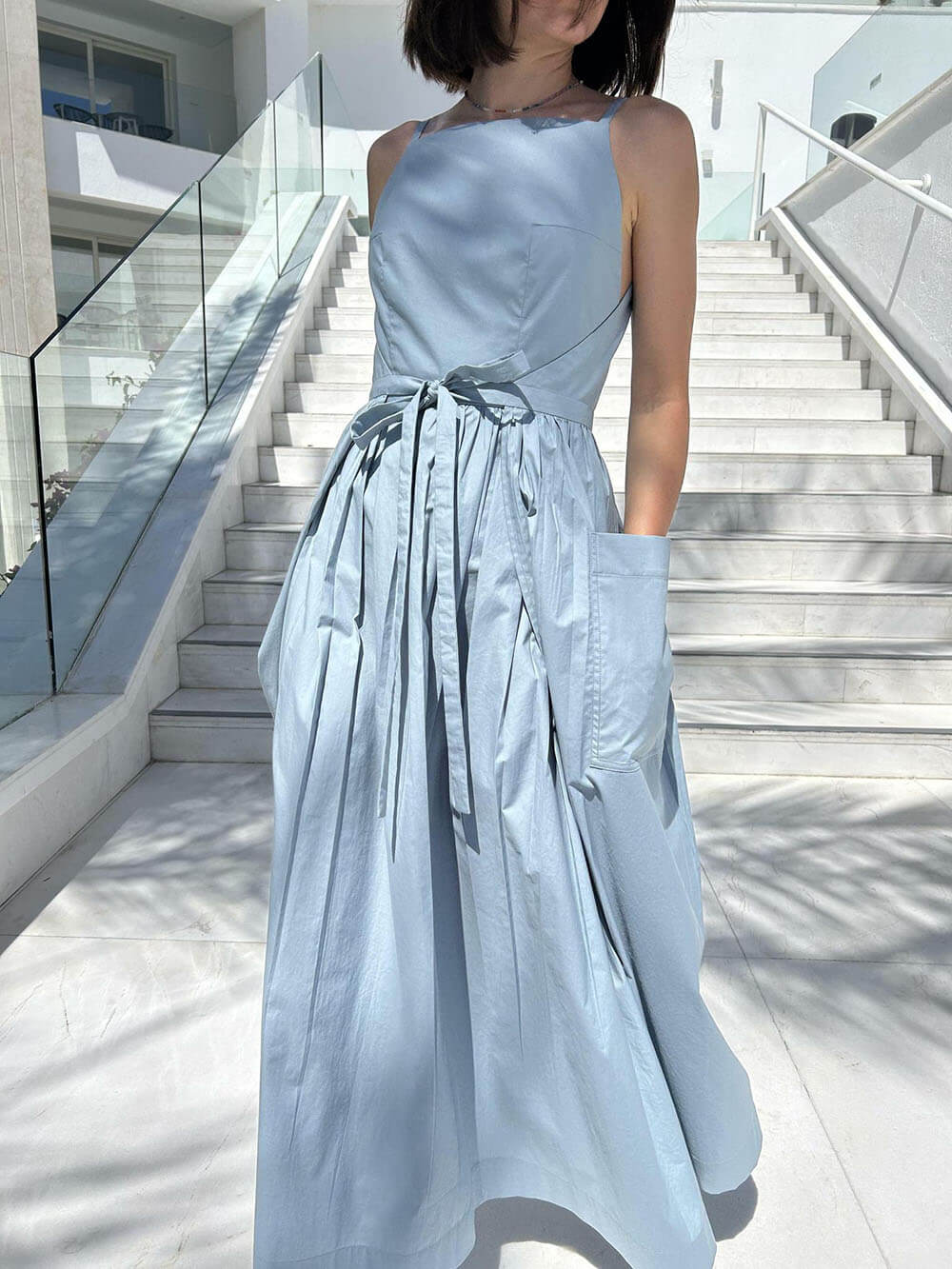 Casual Unique Side Slit Tie Pocket Vest Dress Blue