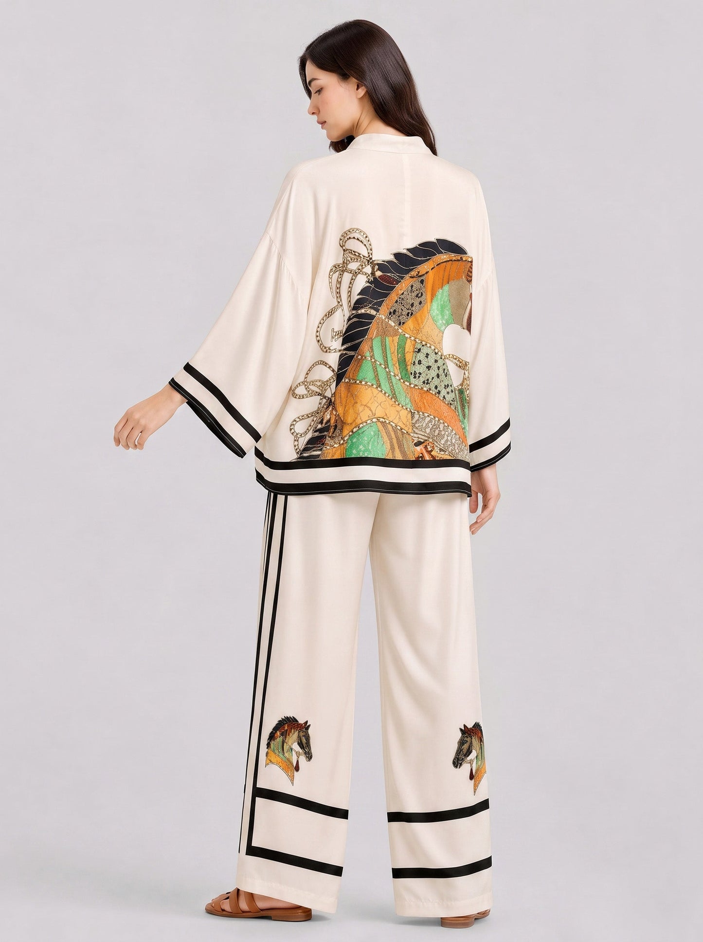V-Neck Horse Pattern Satin Suit Pants Two-Piece Set