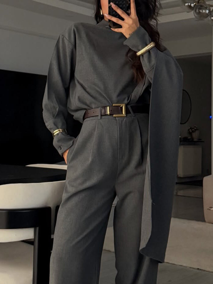Elegant Draped Shawl Shirt & Wide-Leg Pants Two-Piece Set Grey Top