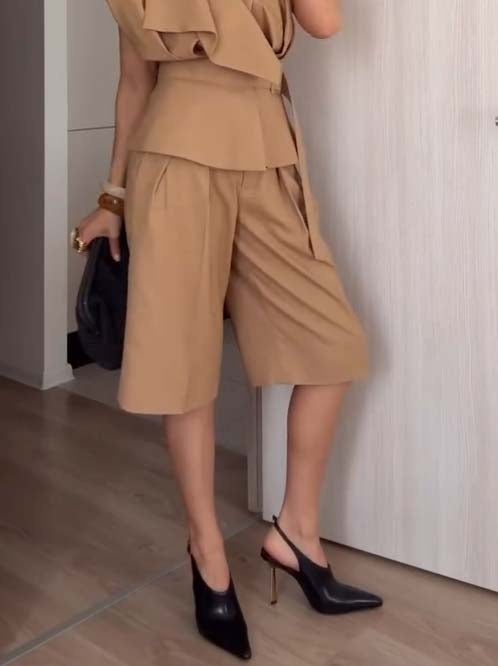 Vintage Belt Vest And Shorts Set - Shorts Khaki