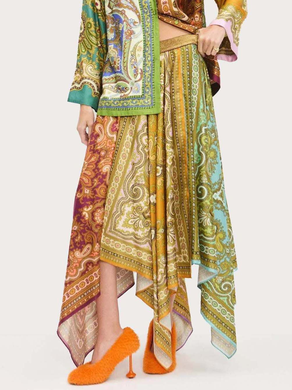 Vintage Paisley Print Satin Skirt Two-Piece Set Multi Skirt