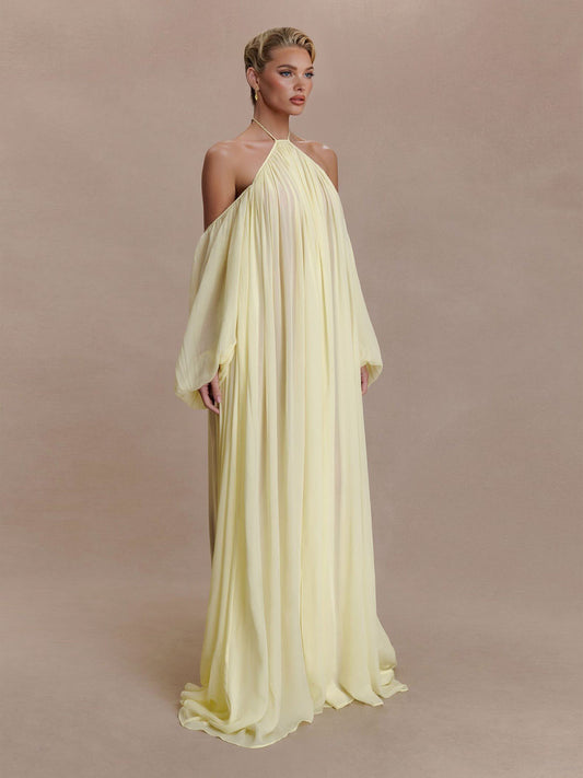 Elegant Halter Neck Draped Chiffon Maxi Dress
