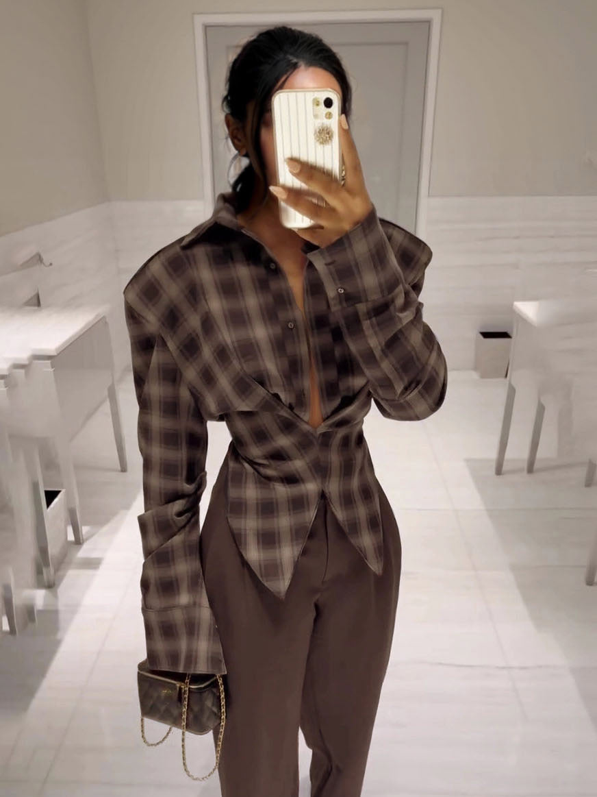 Exquisite Vintage Plaid Long-sleeved Shirt Brown