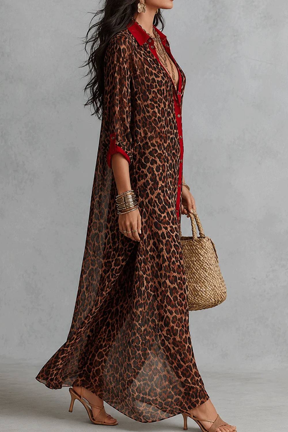 Vintage Leopard Print Contrast Shirt Long Dress