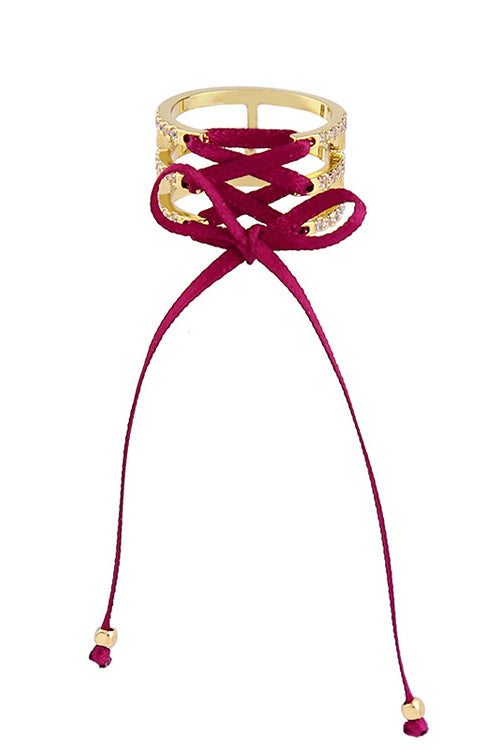 Tied Artificial Jewel Cross Ring Red