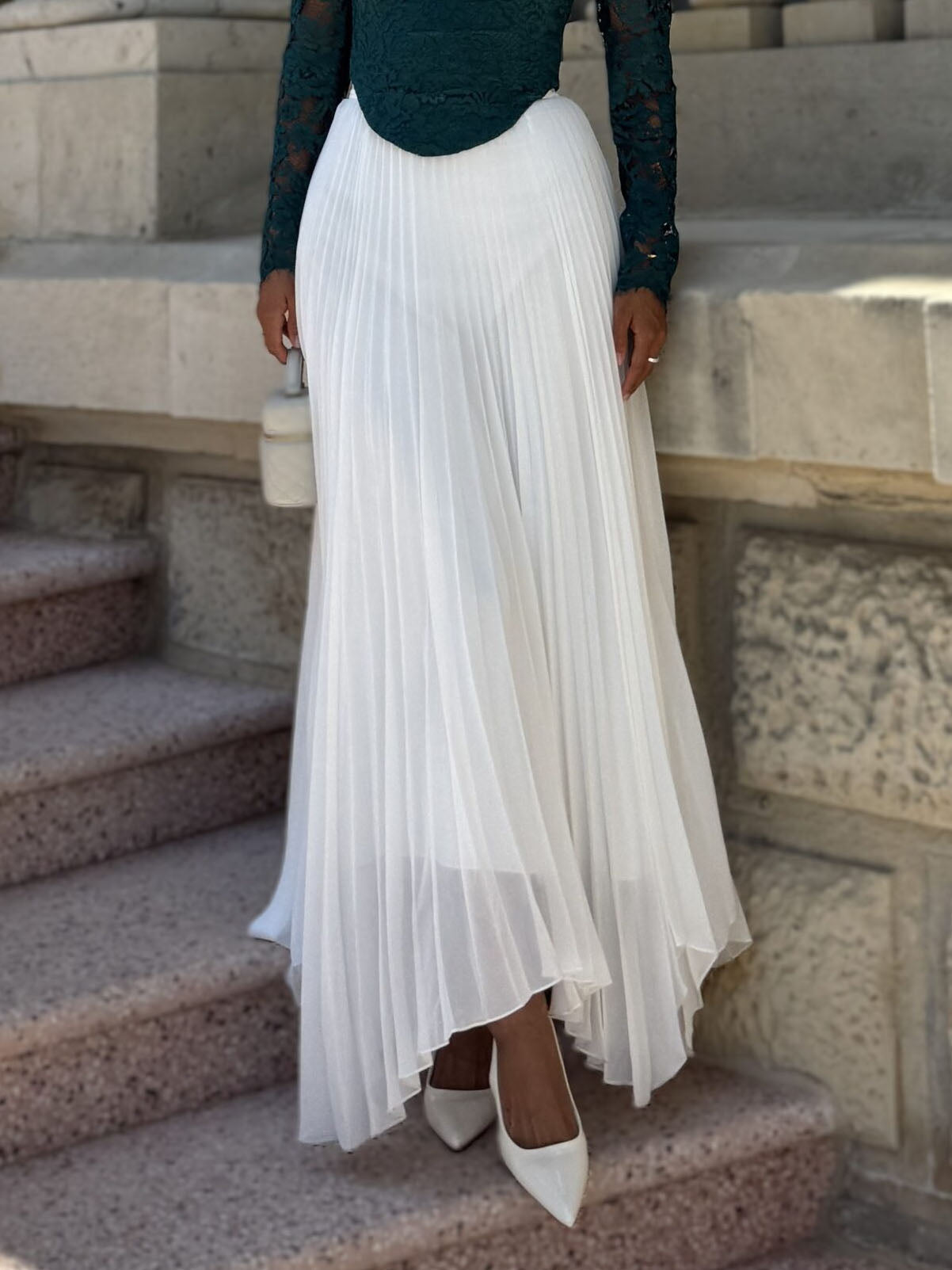 Elegant Pleated Irregular Skirt White