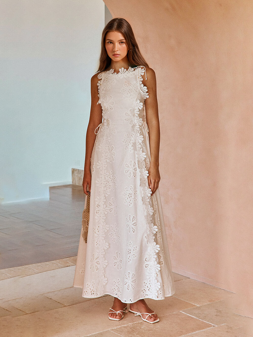 Delicate Lace Hook And Lace Up Sides Maxi Dress White