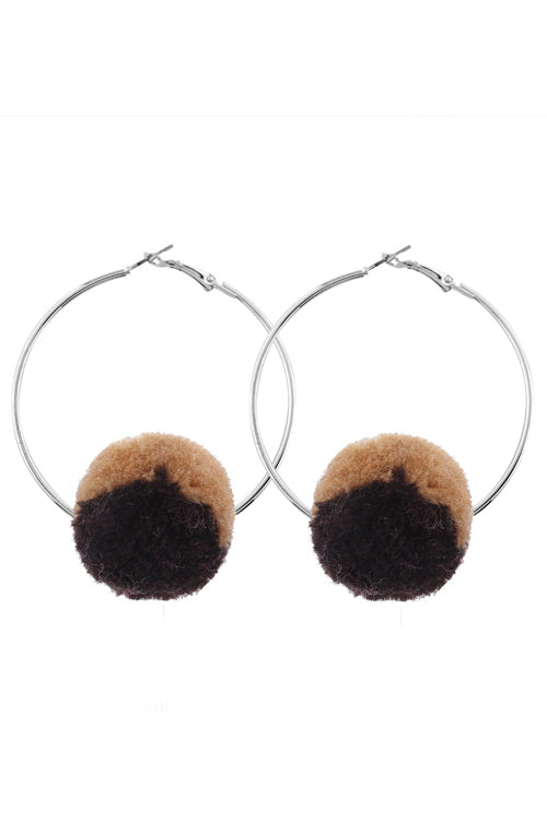 Hoop Fluffy Ball Earrings Brown