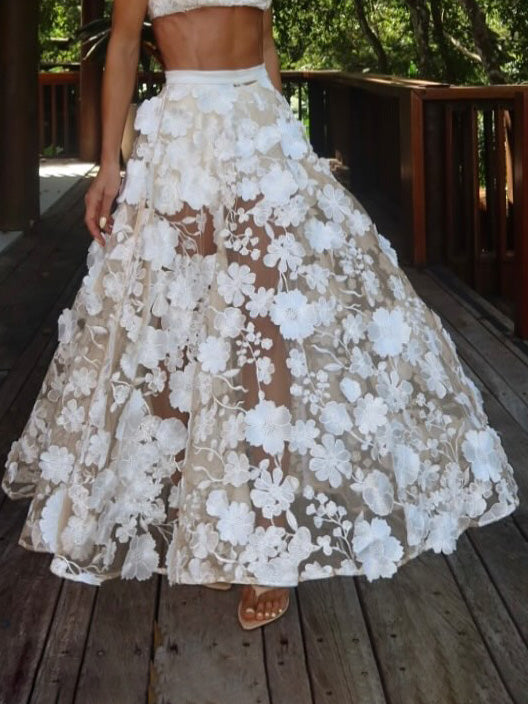 Exquisite Floral Embroidered Sheer Maxi Skirt White