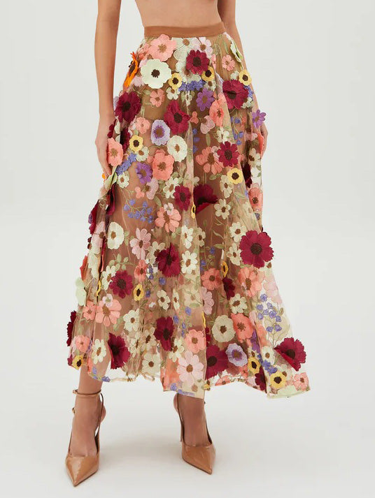 Exquisite Floral Embroidered Sheer Skirt Multi