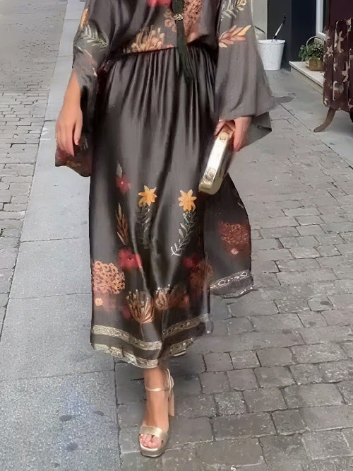 Exquisite Floral-Print Satin Slit Skirt Brown Skirt