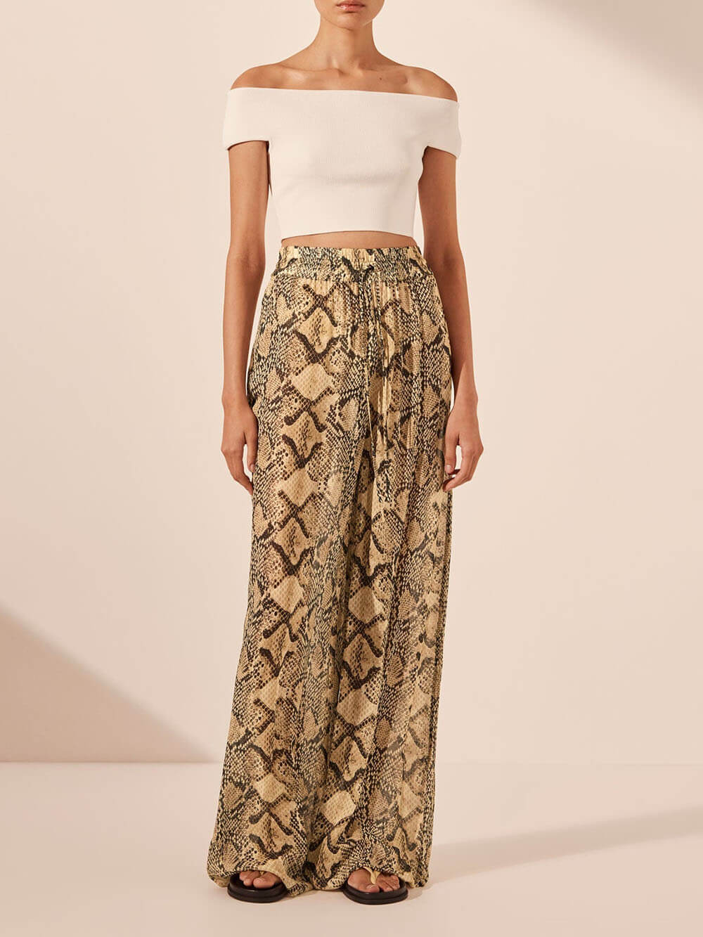 Modern Feel Satin Unique Snake Print Elastic Waist Drawstring Pocket Wide Leg Pants Brown