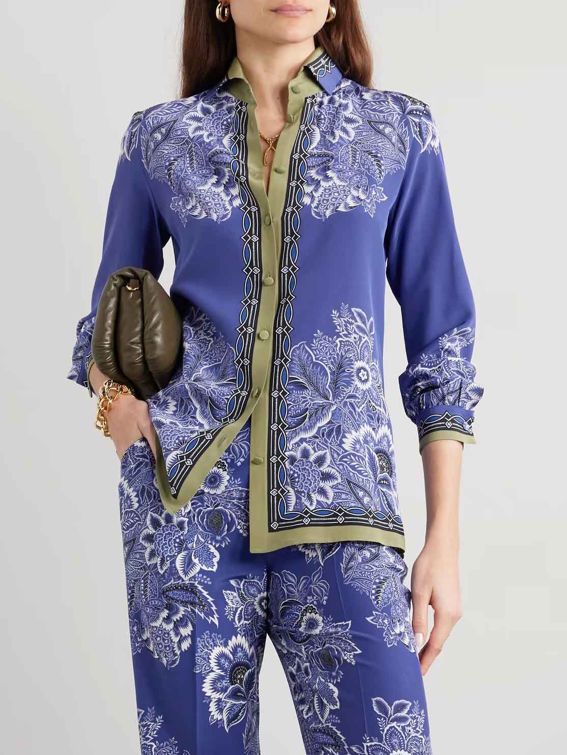 Retro Bohemian Floral Print Satin Shirt Blue