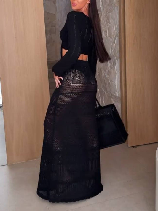 Cutout Knit Top And Skirt Suit-Knit Top