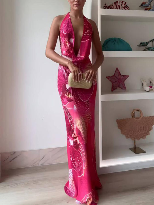 Striking & Seductive: Printed Halter Backless Maxi Dress