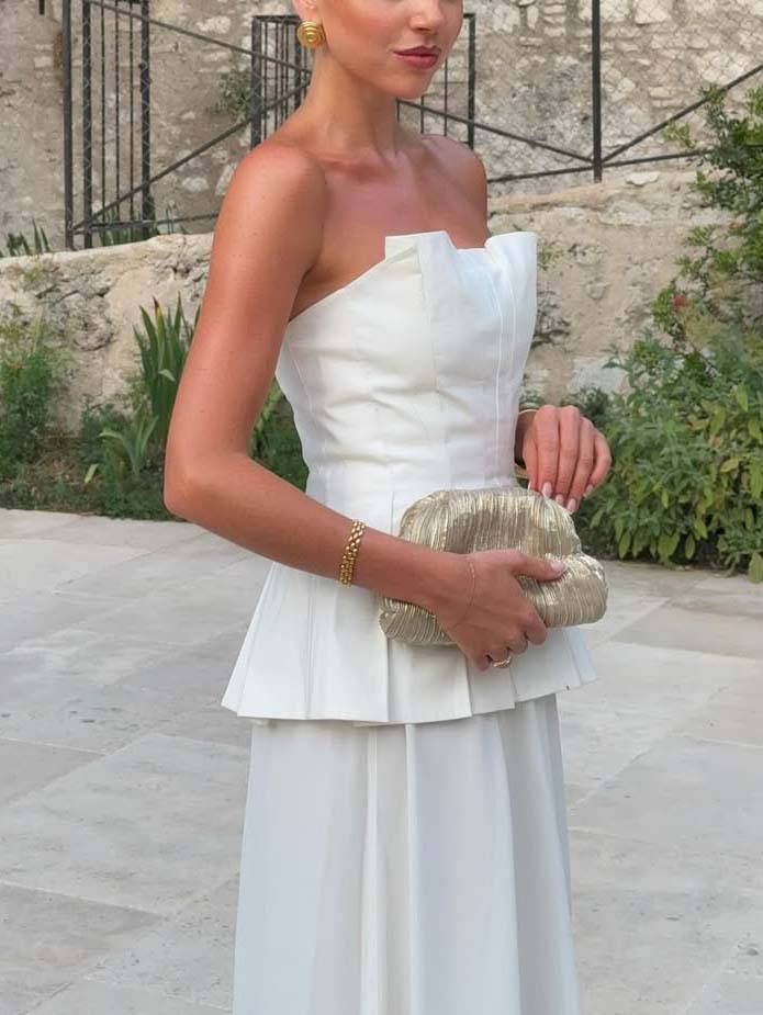 Minimalist Pleated Tube Top And Skirt Set-Top White