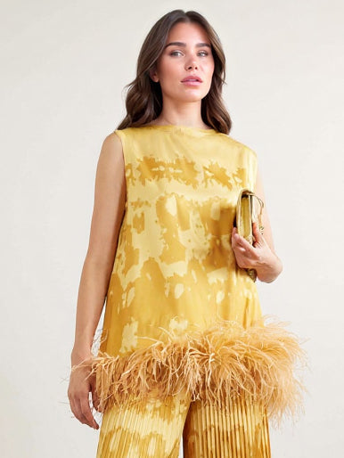 Exquisite Abstract Print Sleeveless Feather-Trim Top Yellow Top
