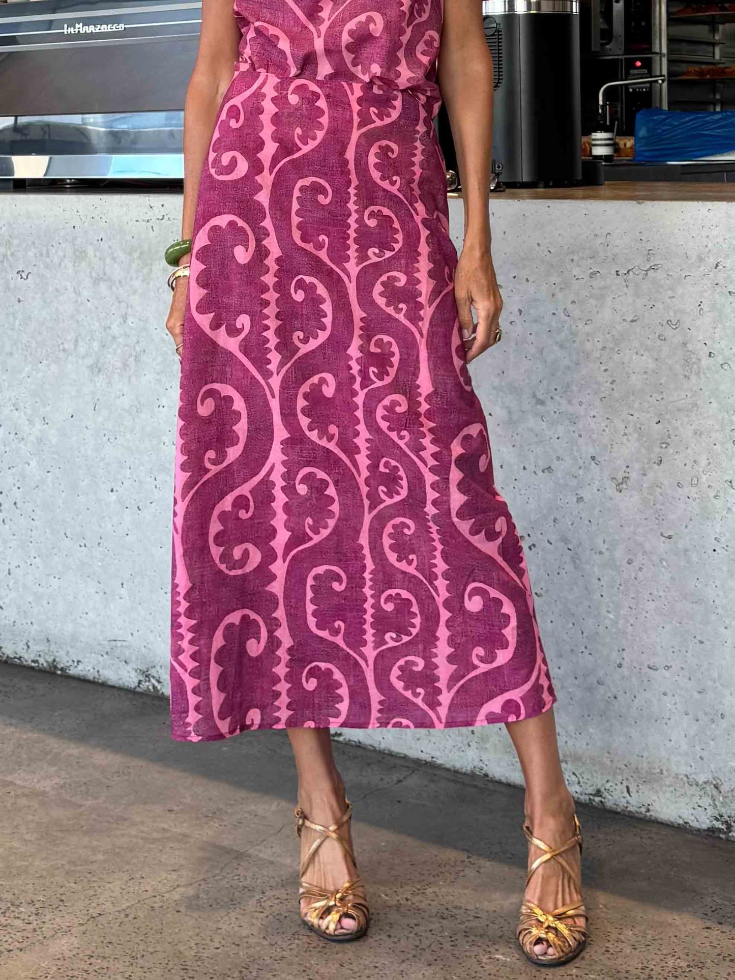 Elegant Printed Straight-Cut Midi Skirt Rose Red