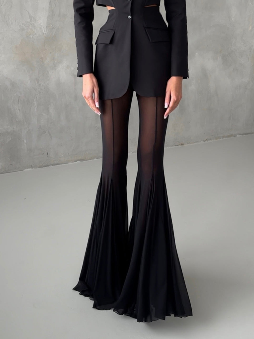 Elegant Mesh See-Through Flared Pants Black