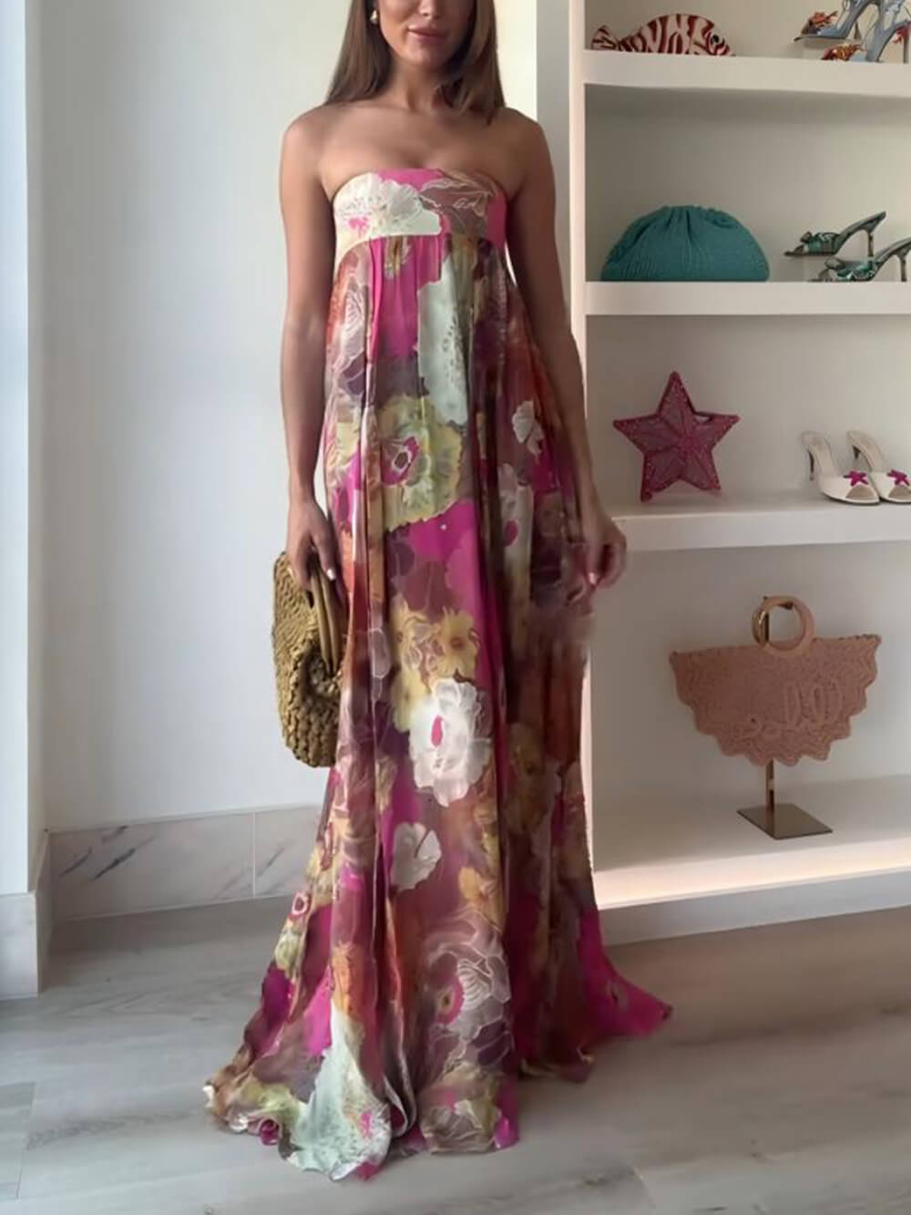 Ethnic Floral Print Off Shoulder A-line Maxi Dress Red