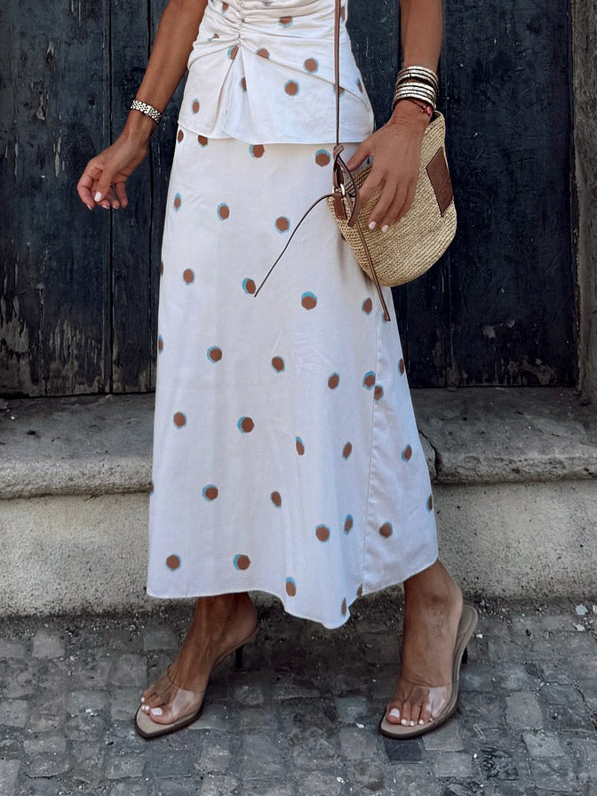 Elegant Polka Dot A-Line Midi Skirt White