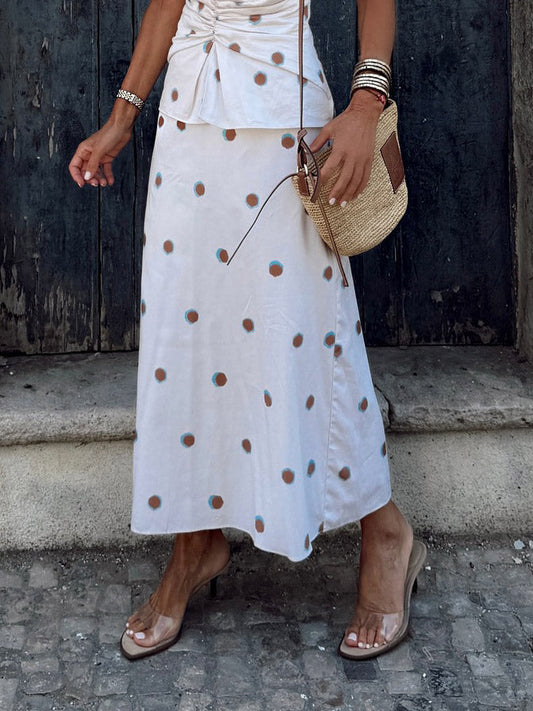 Elegant Polka Dot A-Line Midi Skirt White