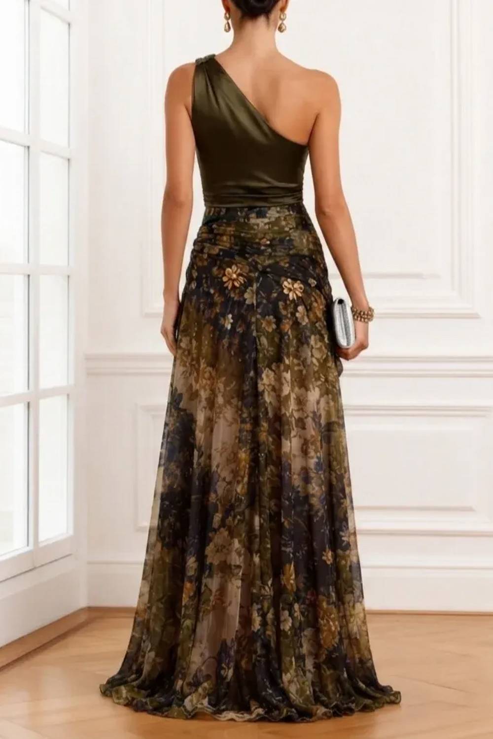 Vintage One-Shoulder Kink Patchwork Split Dress