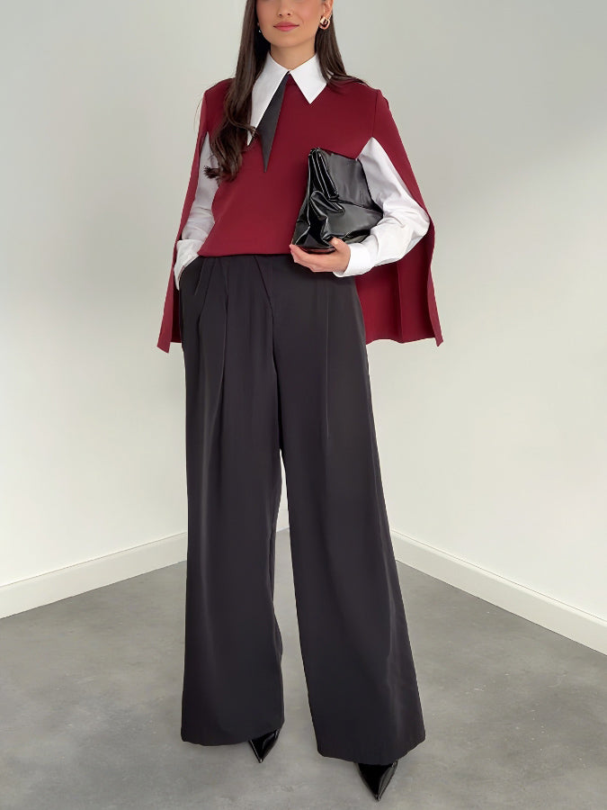 Casual Cape Knit Sweater & Wide-Leg Pants Three-Piece Set Red