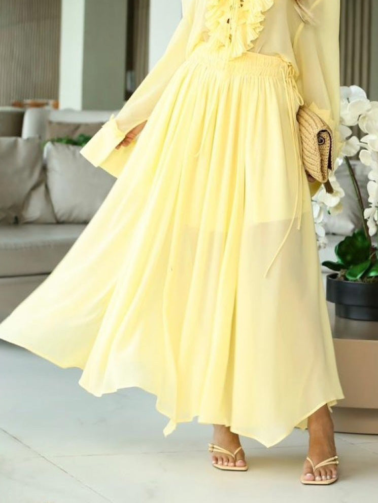 Elegant High-Waist Pleated Chiffon Maxi Skirt Yellow