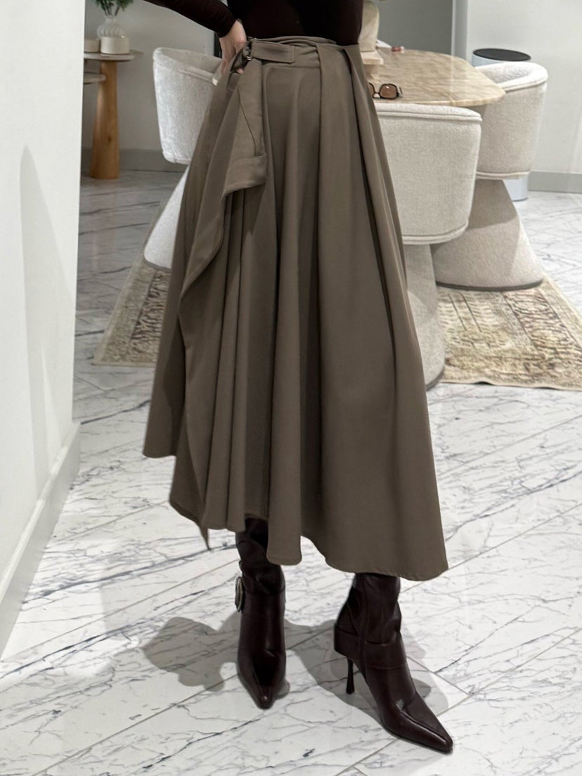 Exquisite Pleated Flared Midi Skirt Two-Piece Set Khaki Skirt