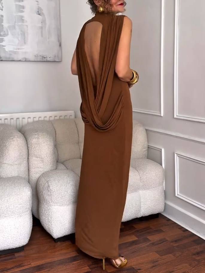 Elegant Back Unique Design Minimalist Maxi Dress Brown