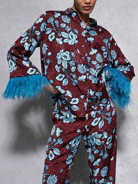 Retro Floral Print Satin Feather Wide-leg Pants Red Top