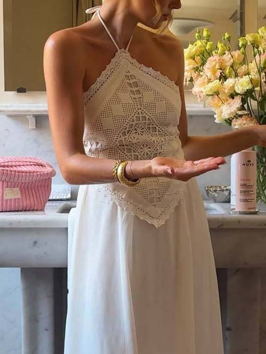 Halter Neck Backless Lace Top And Skirt Set-Top White