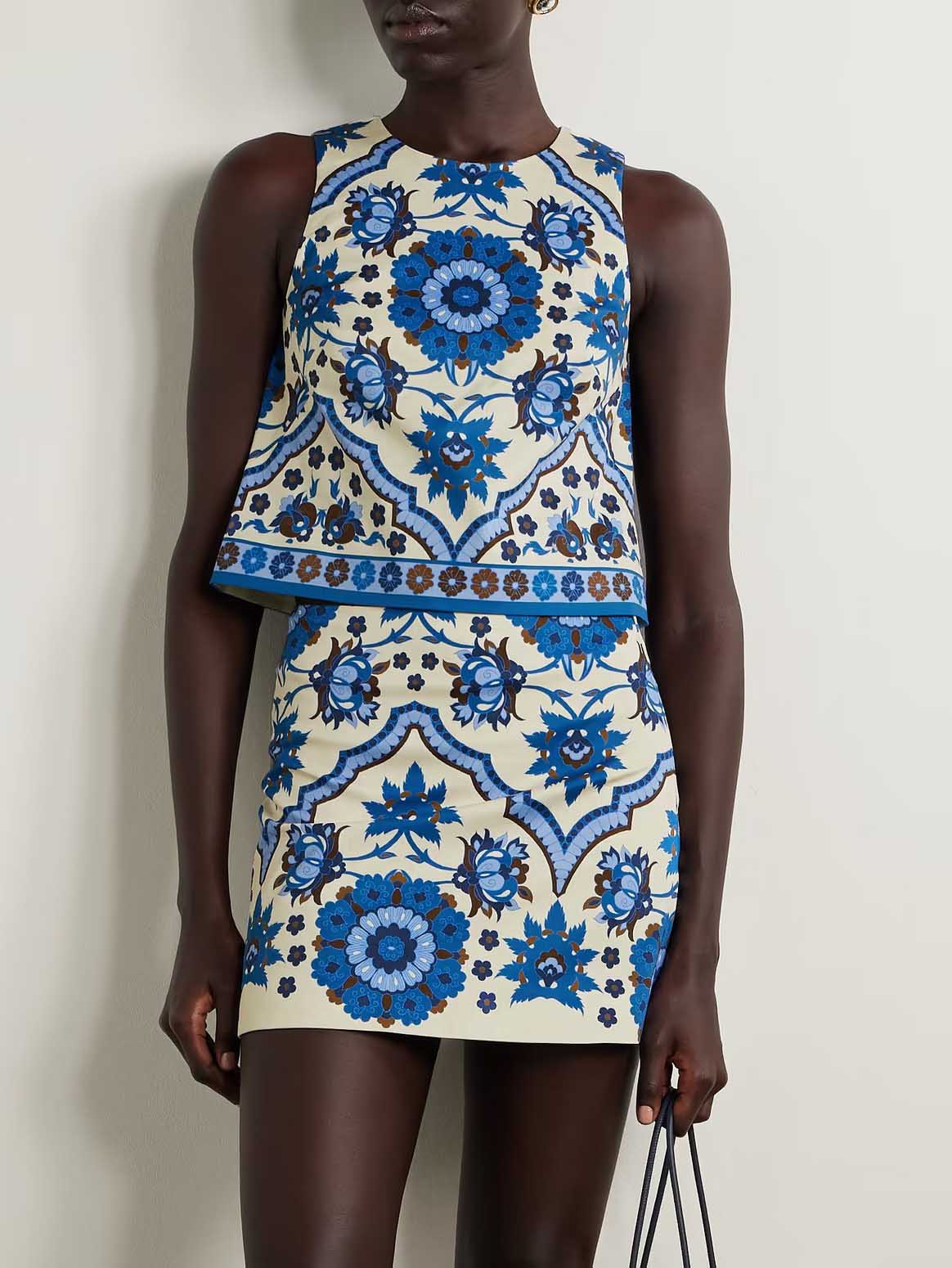 Unique Exquisite Floral Print Shorts Vest Two-piece Set Blue