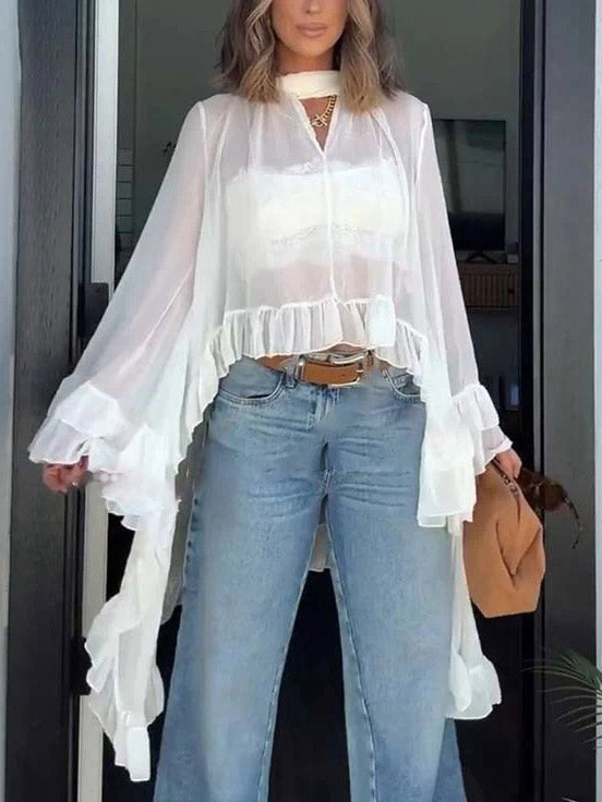 Exquisite Irregular Ruffled Chiffon Flowing Shirt Off-white