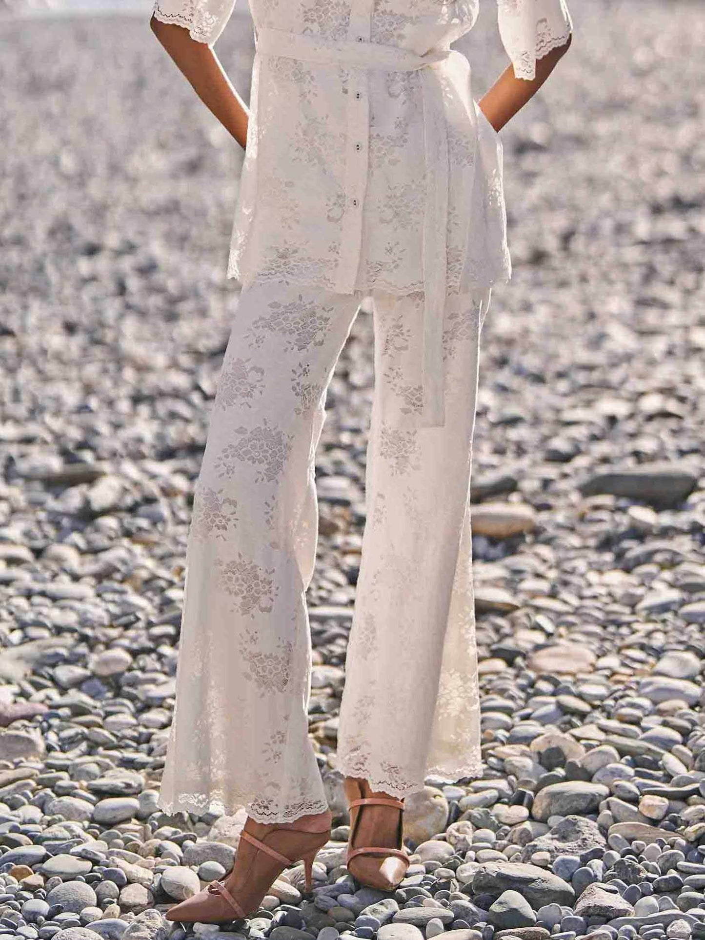 Elegant Floral Lace Elastic Waist Flared Pants White