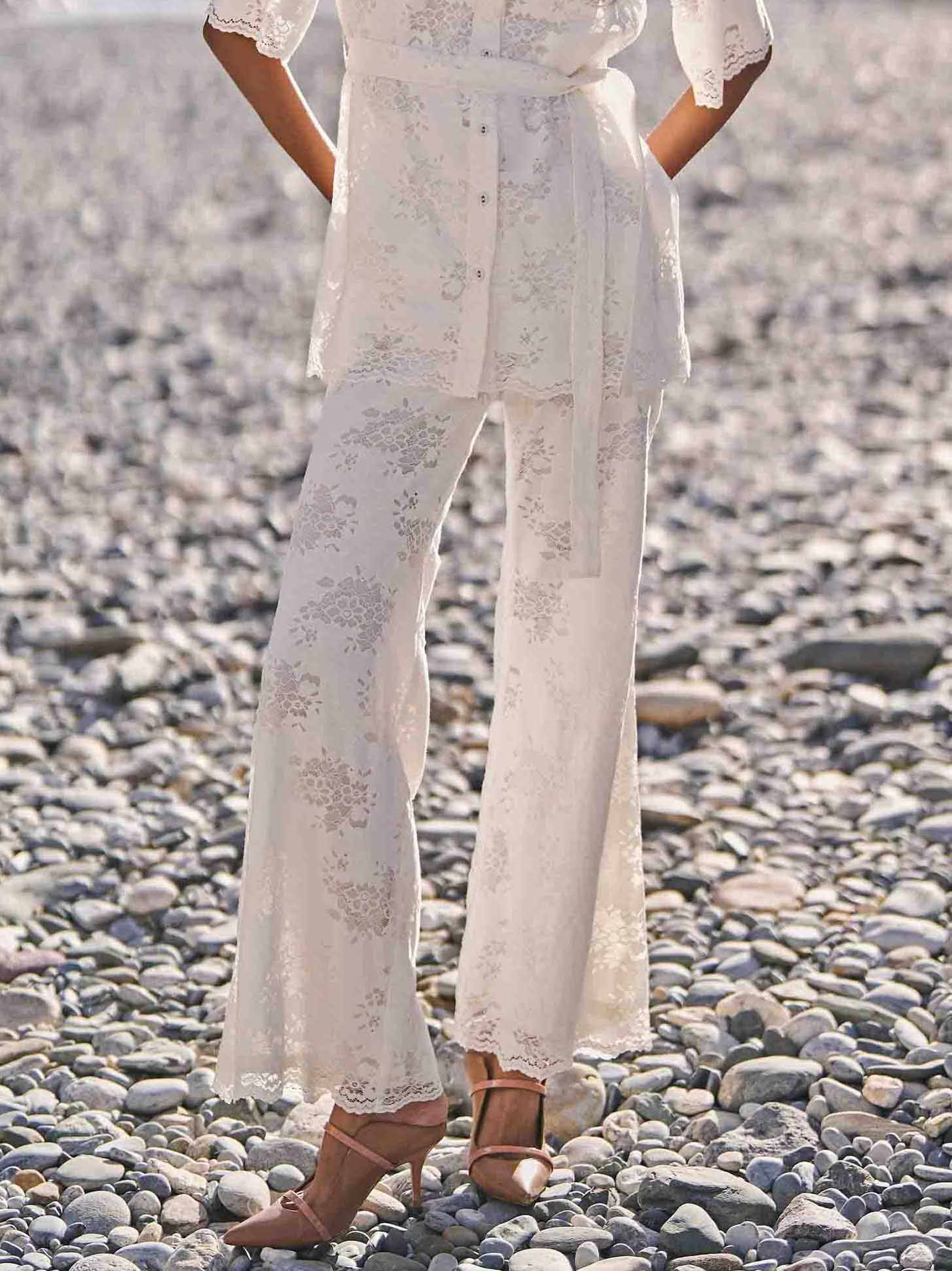 Elegant Floral Lace Elastic Waist Flared Pants White