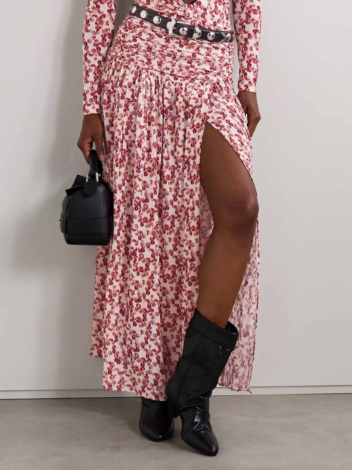 Exquisite Pleated Floral Print Stretch Knit Slit Skirt Red