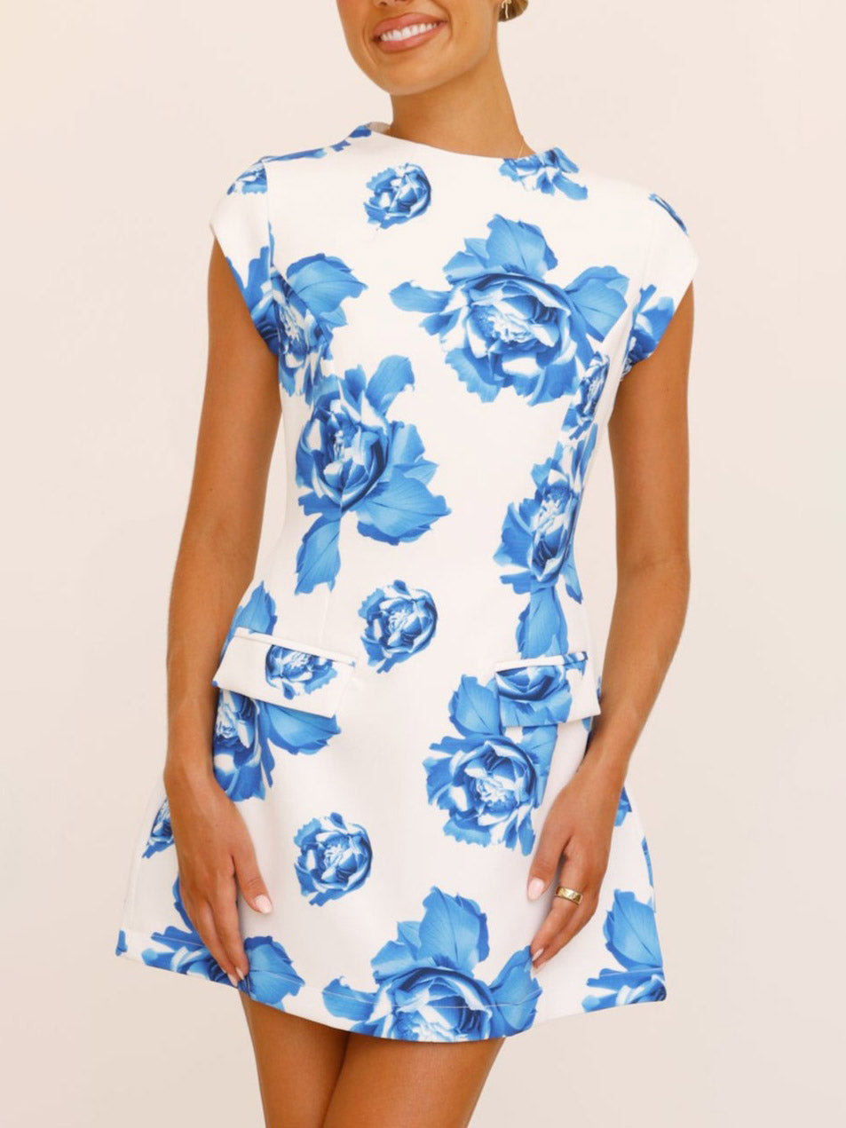 Elegant High-neck Blue Floral Print Mini Dress Blue