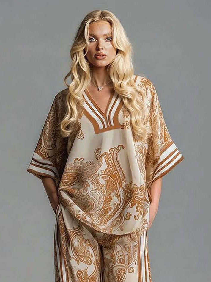 Bohemian Paisley Print Top & Wide-Leg Pants Two-Piece Set Khaki Top