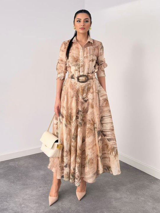 Retro Beige Abstract Print Two-Piece Set Beige Set