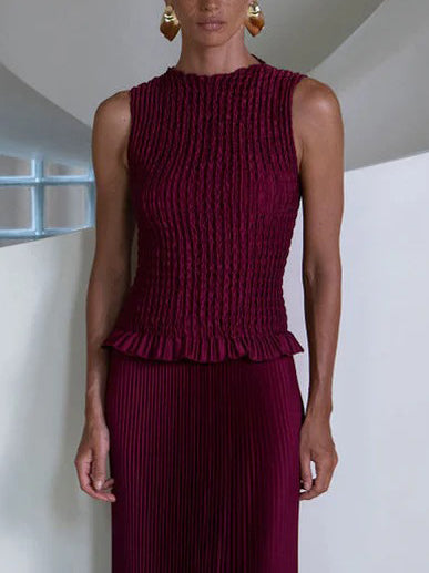 Elegant Sleeveless Pleated Vest Skirt Two-Piece Set Red Top