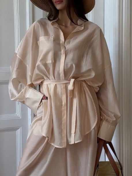 Elegant Belted Sheer Long-Sleeved Shirt Apricot