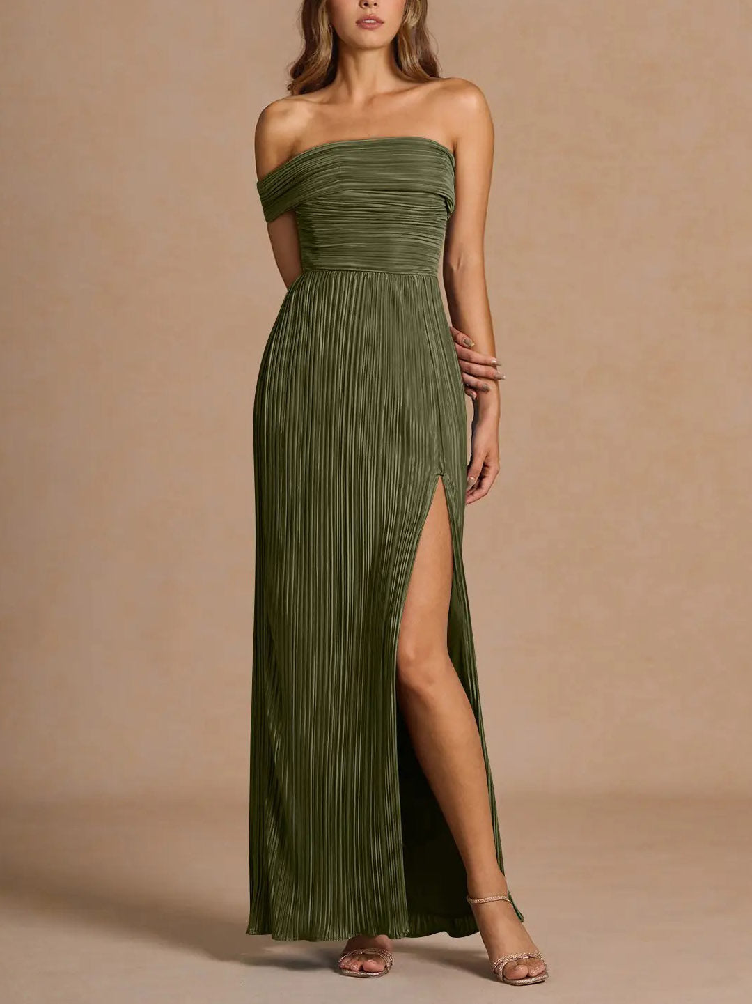 Elegant Off-The-Shoulder Pleated Slit Maxi Dress Dark Green