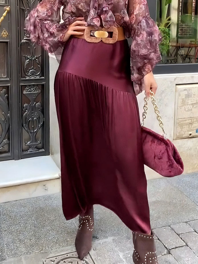 Elegant Floral Ruffled Chiffon Shirt And Skirt Two-piece Set Red Skirt