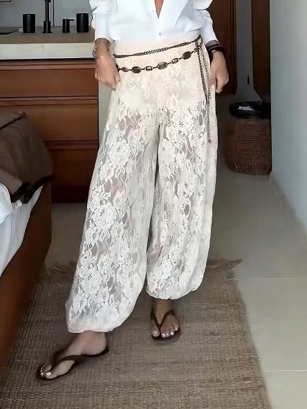 Elegant Sheer Lace High-Waist Harem Pants Cream