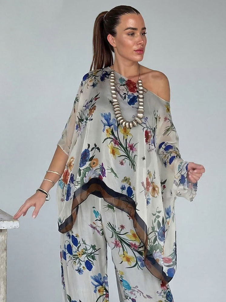 Elegant Sheer Floral Print Asymmetrical One-Shoulder Top & Wide Leg Pants Set Multi Top