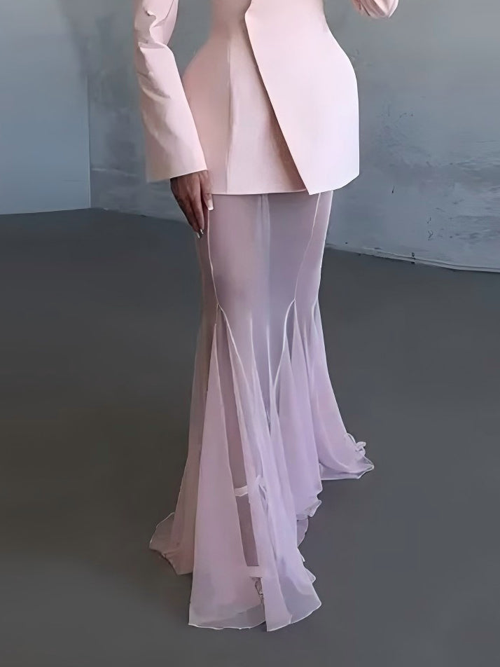 Elegant Sheer Mesh Flared Skirt Pink