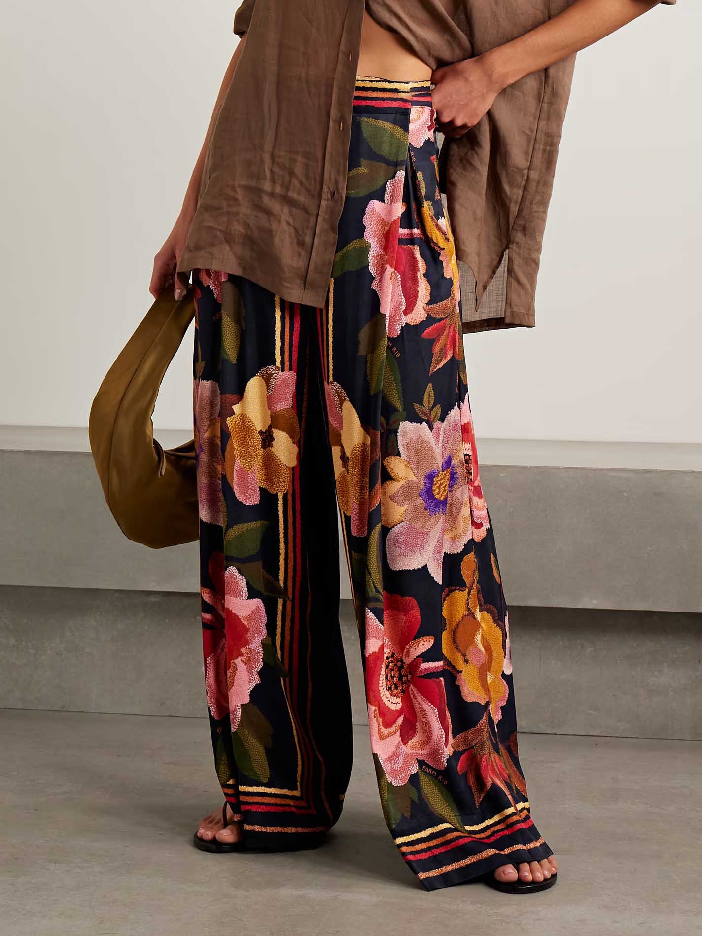 Exquisite Wrap-around Pleated Floral Print Wide-leg Pants Multi